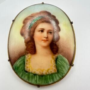 Antique Victorian hand painted woman in green portrait miniature brooch